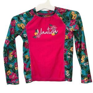 Nautica Girls Rash Guard Swim Top 6X Pink Floral Long Sleeve UV Protection
